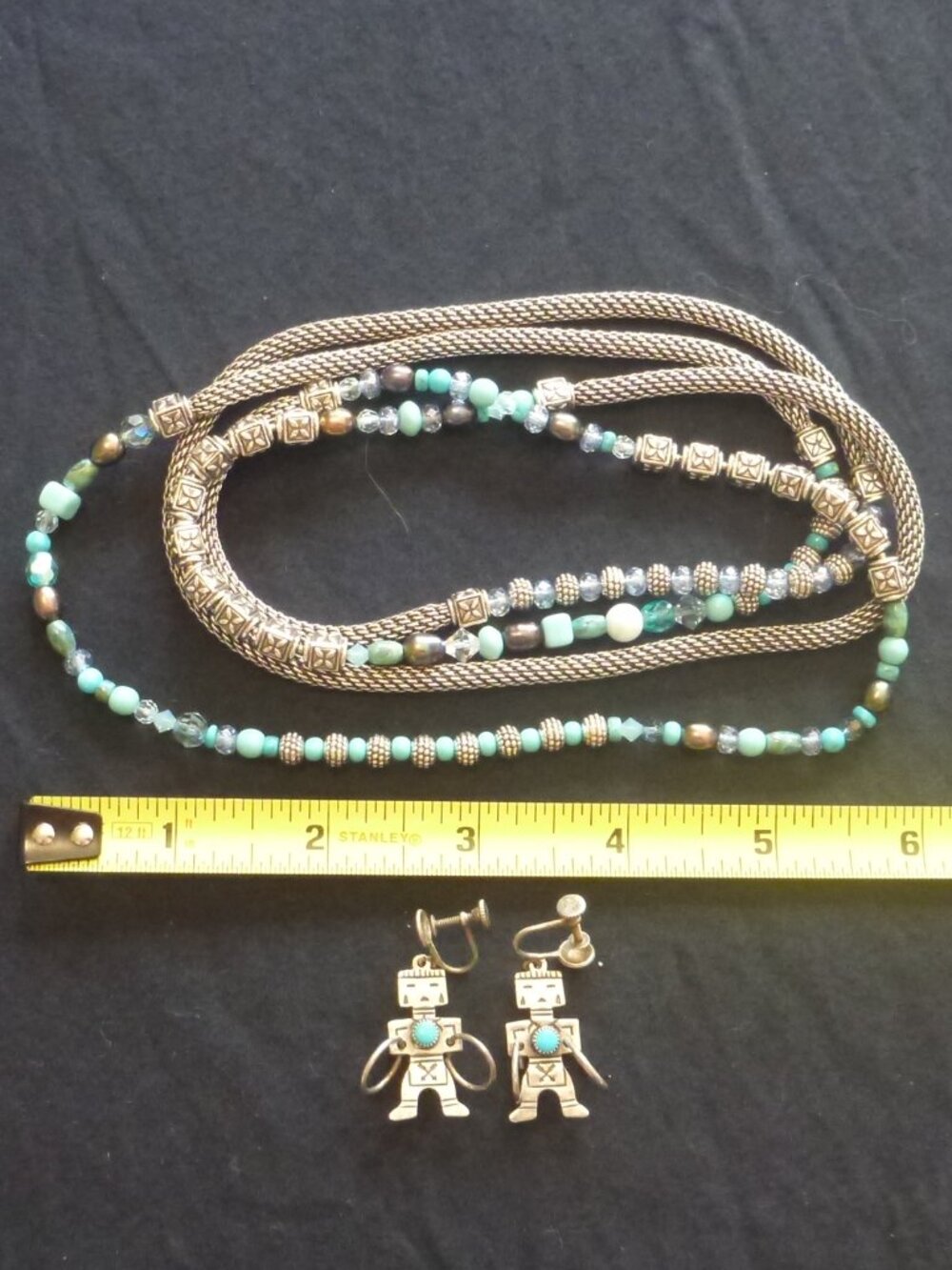 Vintage Sterling Silver Kachina Earrings & 42" Mesh Station Necklace Lot